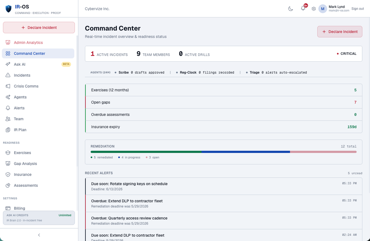 IR-OS incident command center dashboard, the AI-native platform Mark Lynd advises