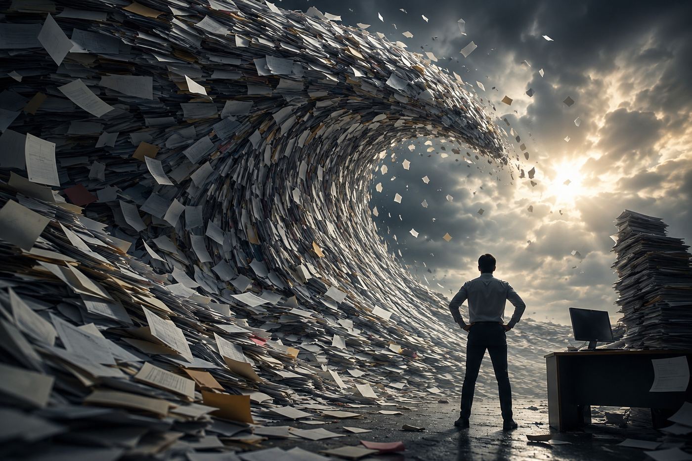 A towering wave of paper documents about to break over a man standing alone beside his desk